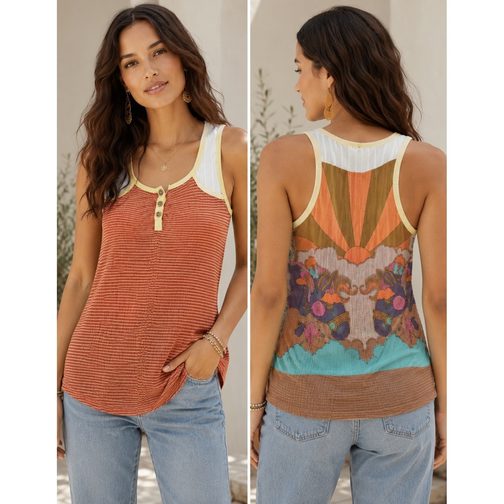 Scrapbook‎ Originals Tank Top Retro Horse Graphic Henley Waffle Knit Boho Large
